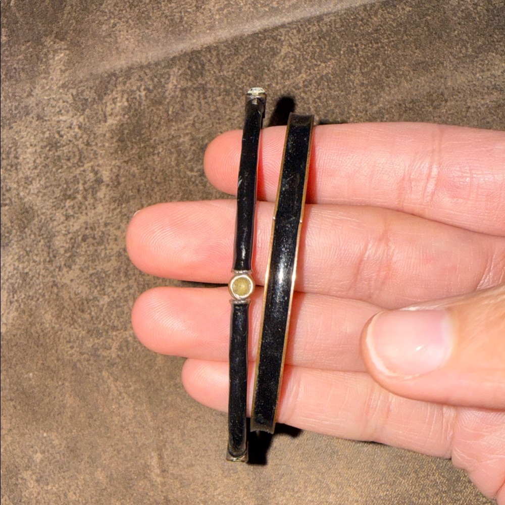 Black Double-Row Bangle Bracelet with Crystal Accent - Picture 2 of 2